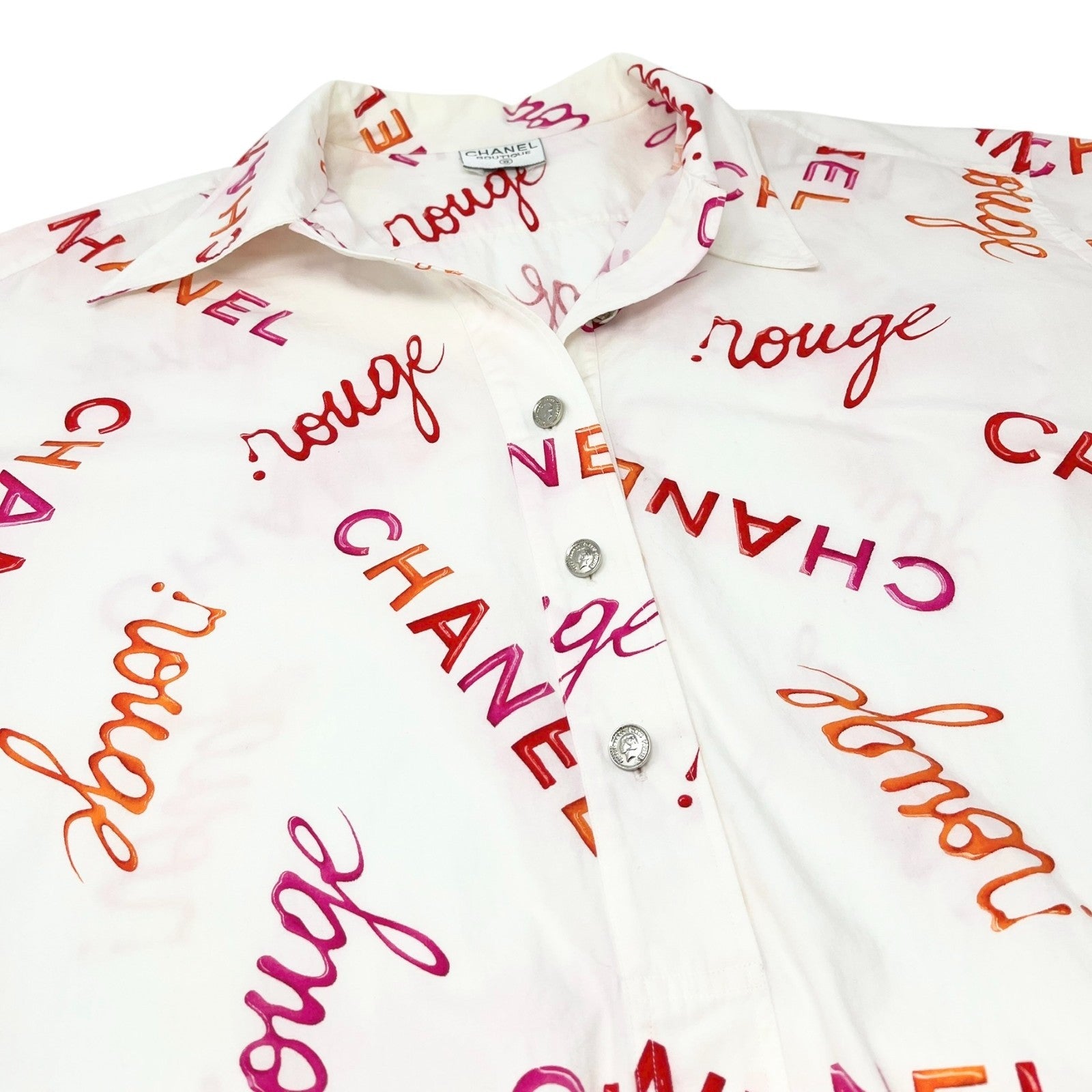CHANEL Vintage 96P Logo Button Up Shirt Rouge Long Sleeve White Pink Cotton