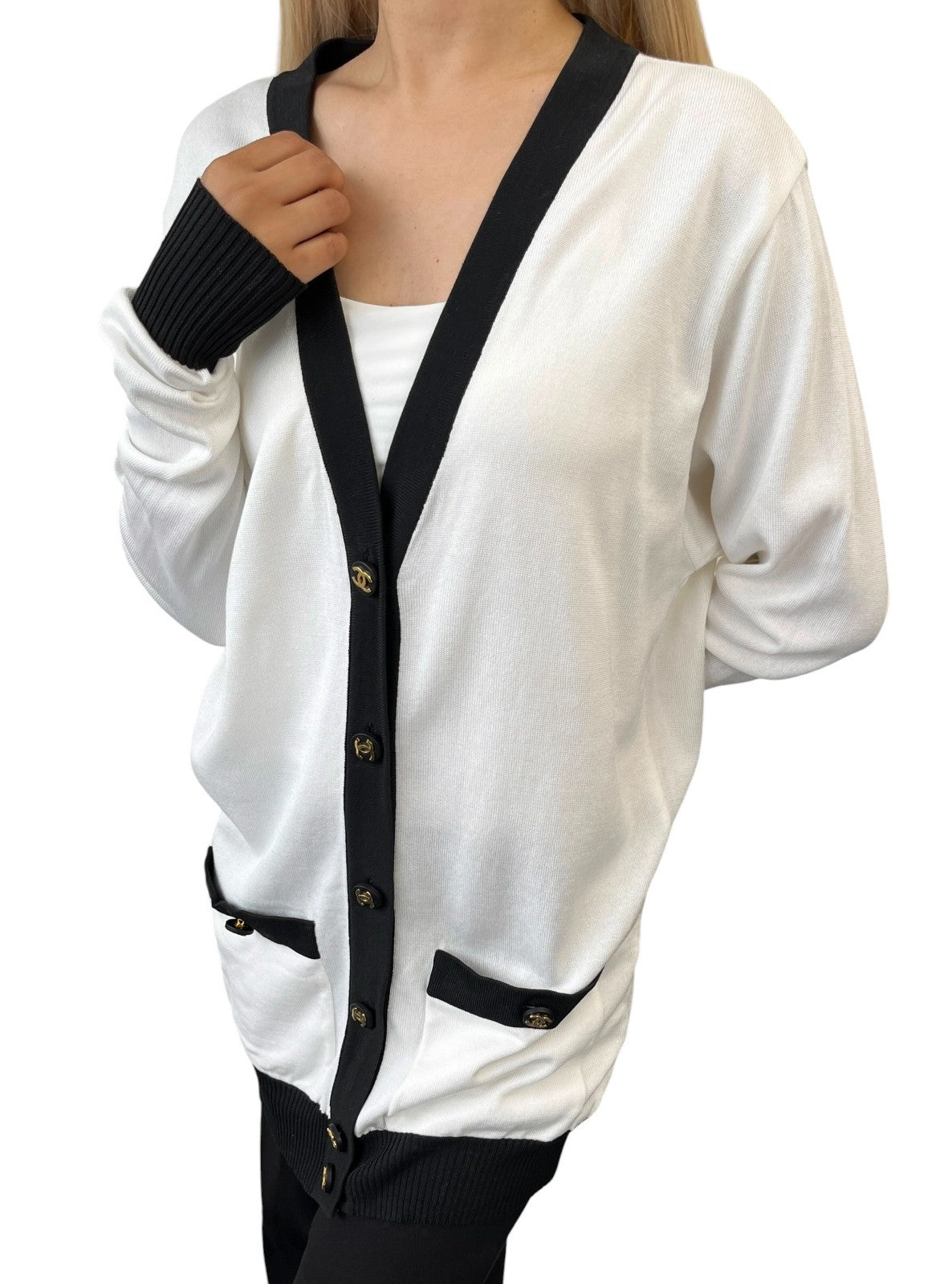 CHANEL Vintage CC Logo Button Cardigan Sweater Top #34 White Black 106908