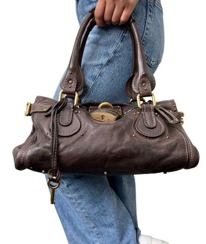 Chloe Vintage Paddington Padlock Key Boston Bag Leather Brown Gold 902317
