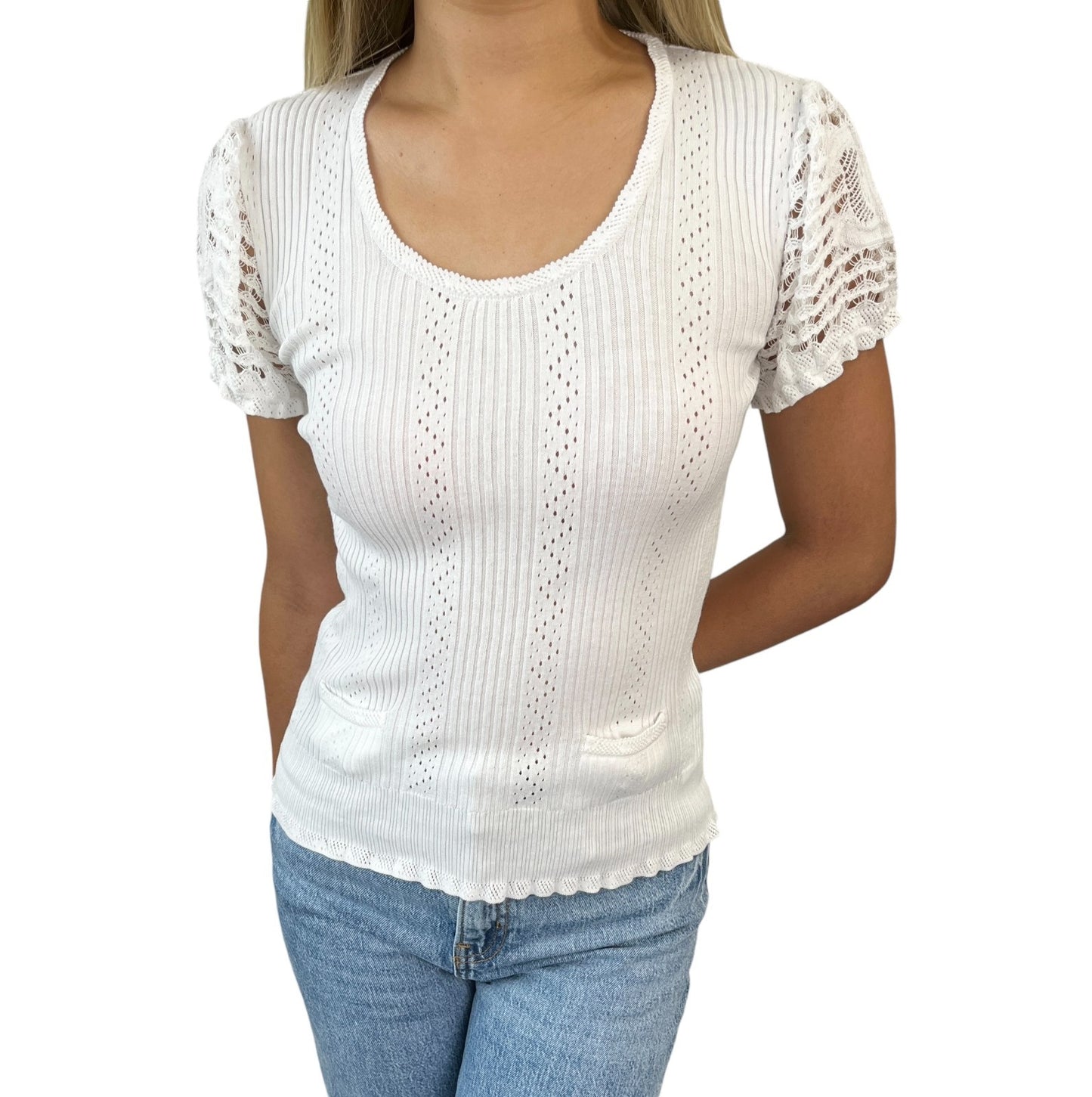 CHANEL Vintage 05C CC Logo Rib Lace T-shirt Top White Cotton Pockets 106999