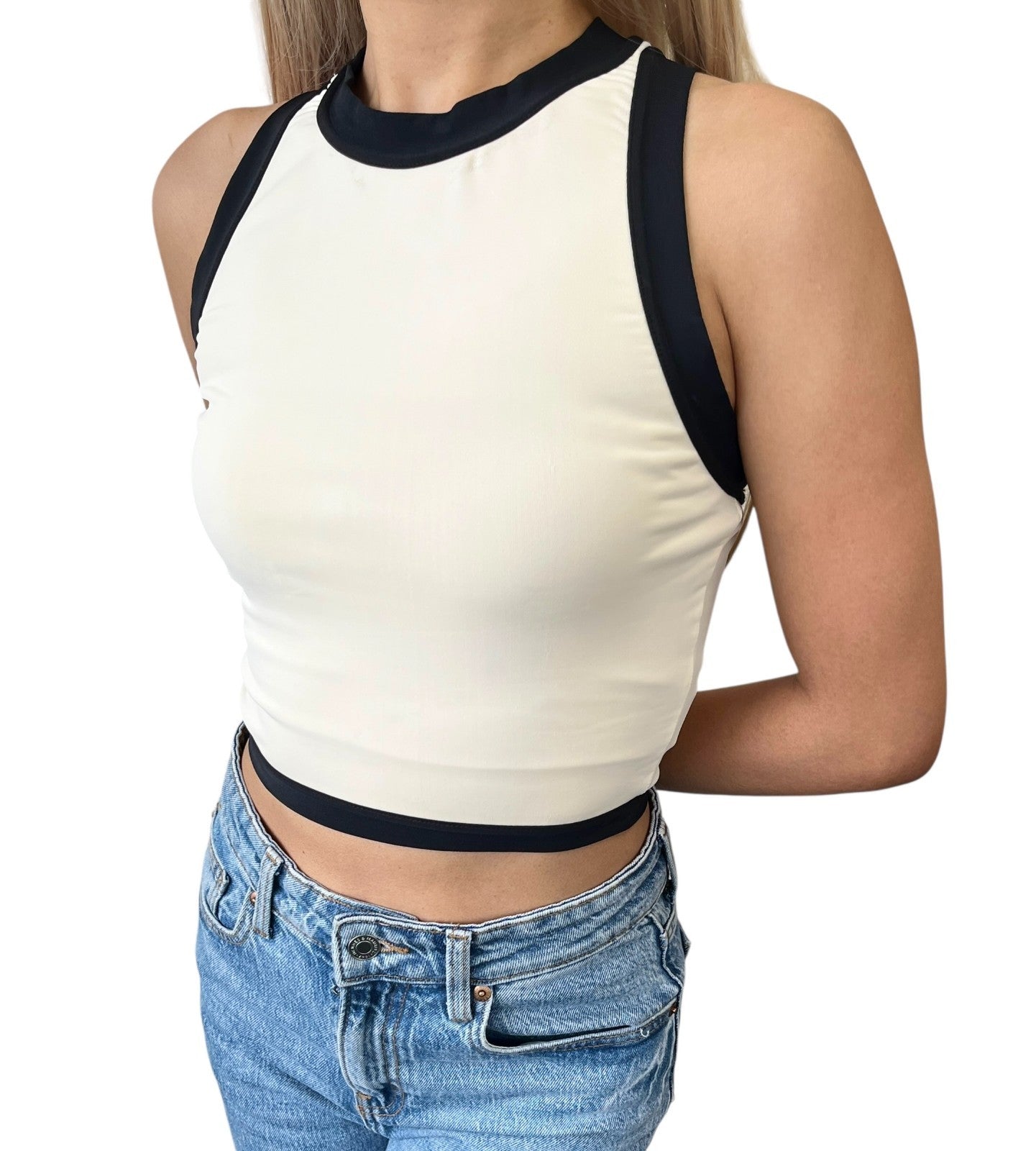 CHANEL Vintage CC Logo Spandex Cropped Tank Top #38 Cream Black Nylon