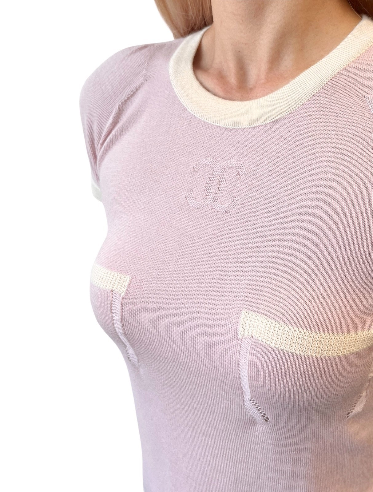 CHANEL Vintage 04C CC Logo Knit T-shirt #38 Short Sleeve Top Pink Cashmere
