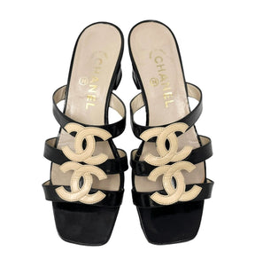 CHANEL Vintage CC Logo Sandals Heels #36.5 US 6.5 Beige Pantent Leather Rank AB