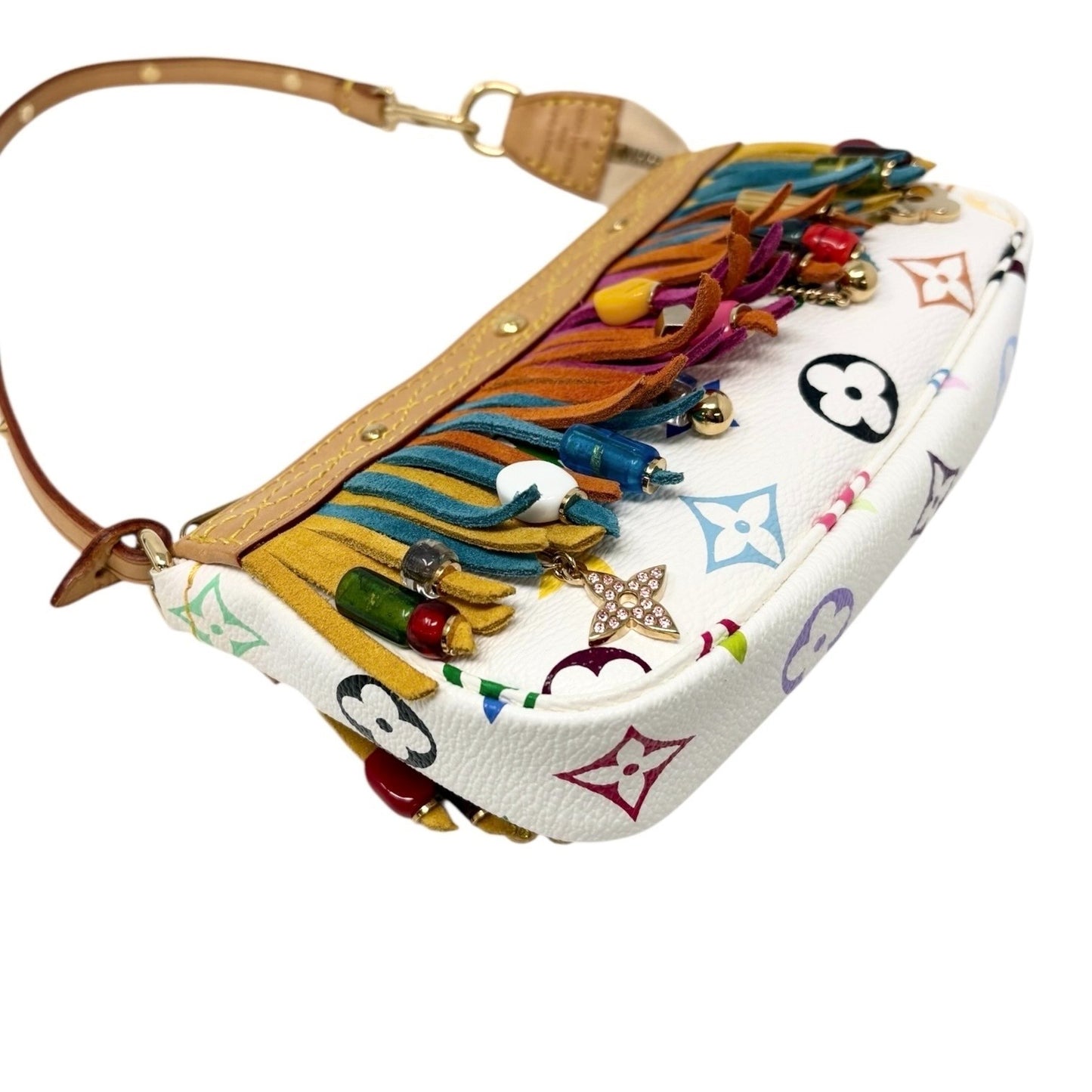 LOUIS VUITTON Vintage Monogram Multicolor Fringe Pochette Mini Bag White