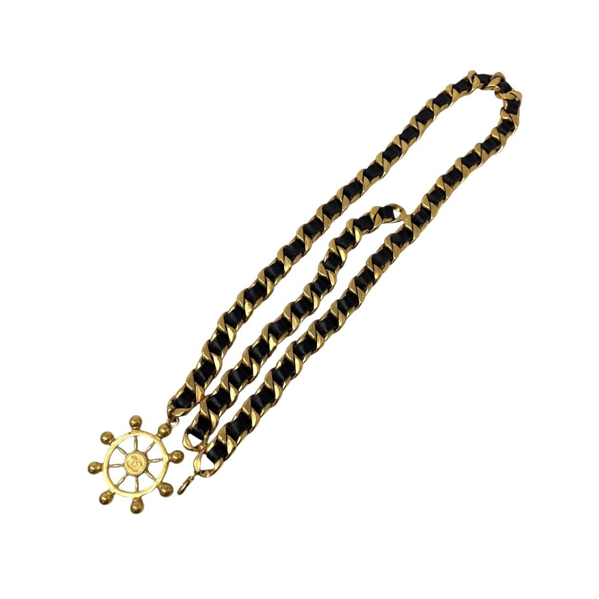 CHANEL Vintage 94P CC Mark Logo Chain Belt Gold Black Metal Leather
