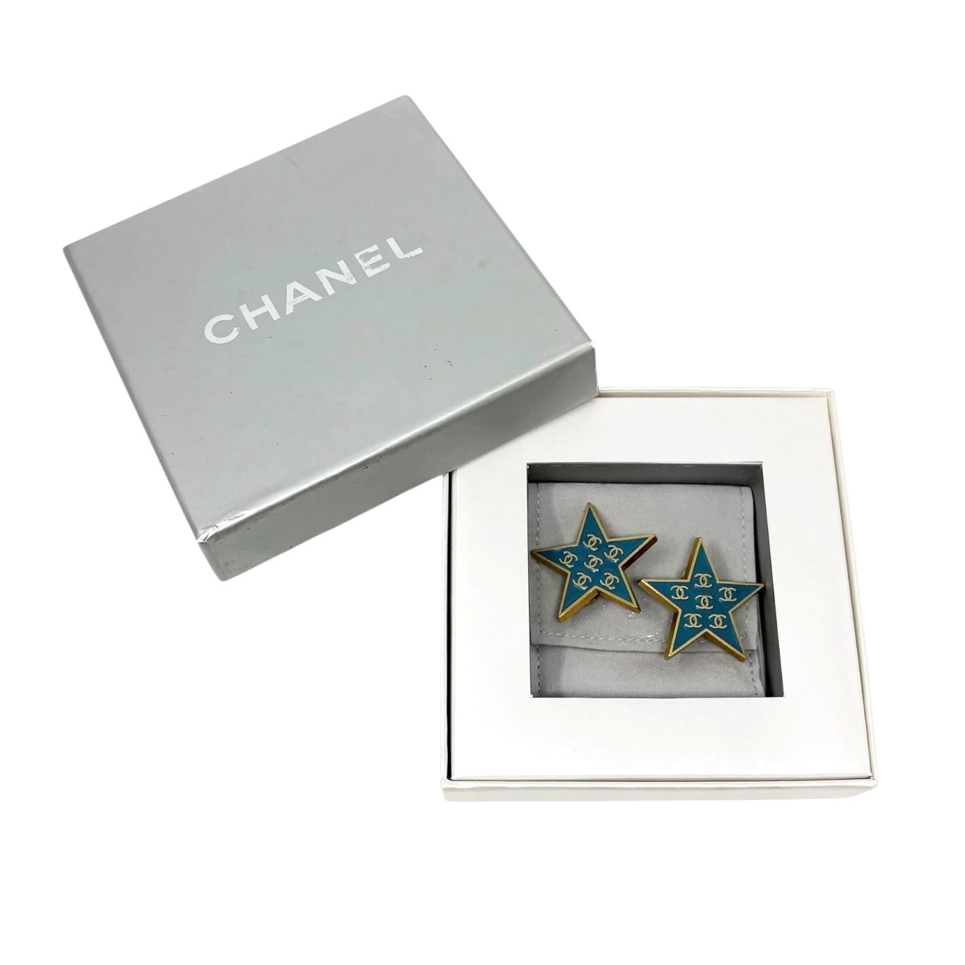 CHANEL Vintage 01P CC Logo Star Design Earrings Accessory Blue Gold Metal