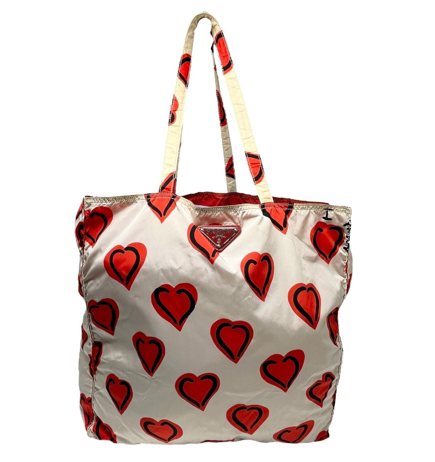 PRADA Vintage Logo Heart Pattern Tote Bag Handbag White Red Black Silver Nylon