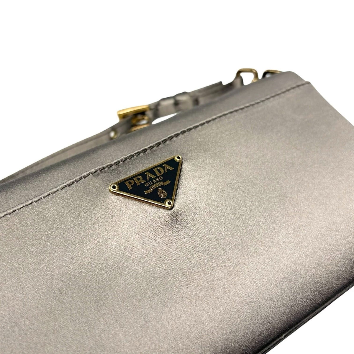 PRADA Vintage Logo Pochette Mini Hand Clutch Bag Satin Silver Gold 902499