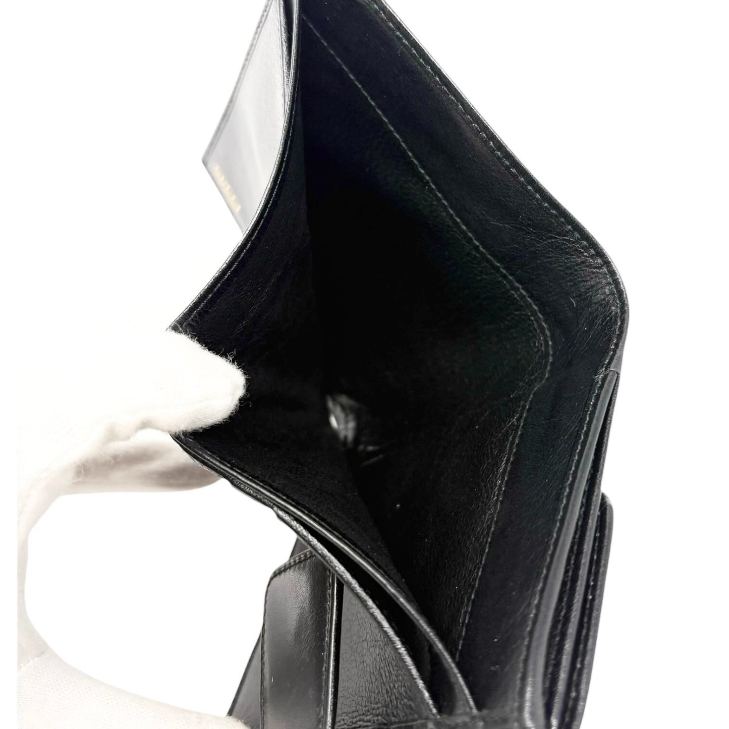 GUCCI Vintage Logo Horsebit Tri-fold Wallet Purse Black Gold Leather Square