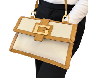 GUCCI Vintage G Square Logo Shoulder Bag Cream Camel Gold Canvas Leather