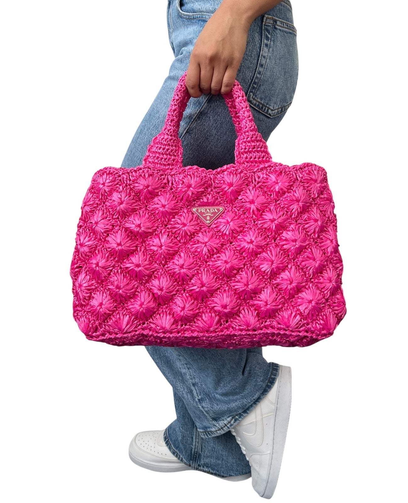 PRADA Vintage Triangle Logo Canapa Tote Bag Handbag Pink Raffia