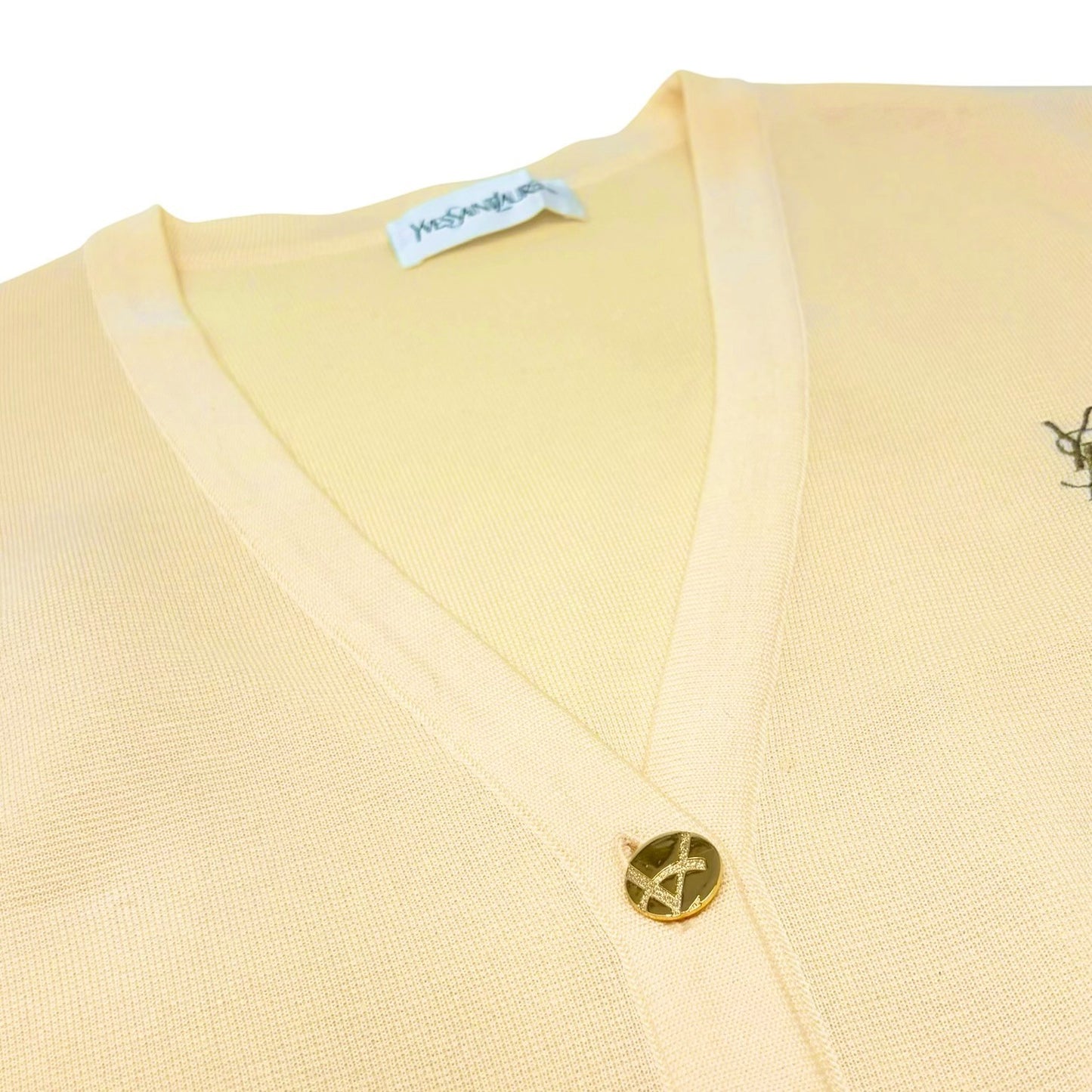 Yves Saint Laurent Vintage YSL Logo Cardigan Sweater Top #M Cream Gold 902402