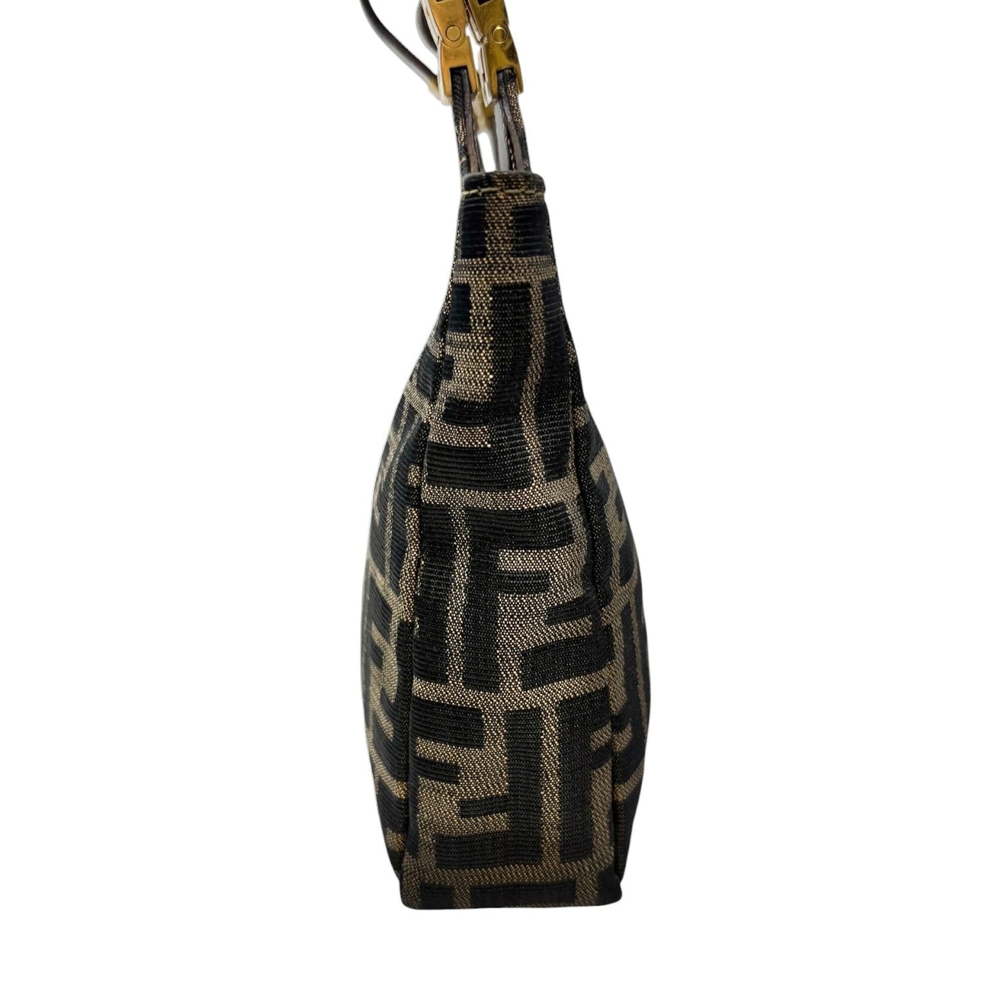 FENDI Vintage FF Zucca Monogram Canvas Shoulder Bag Brown Gold Leather 902063