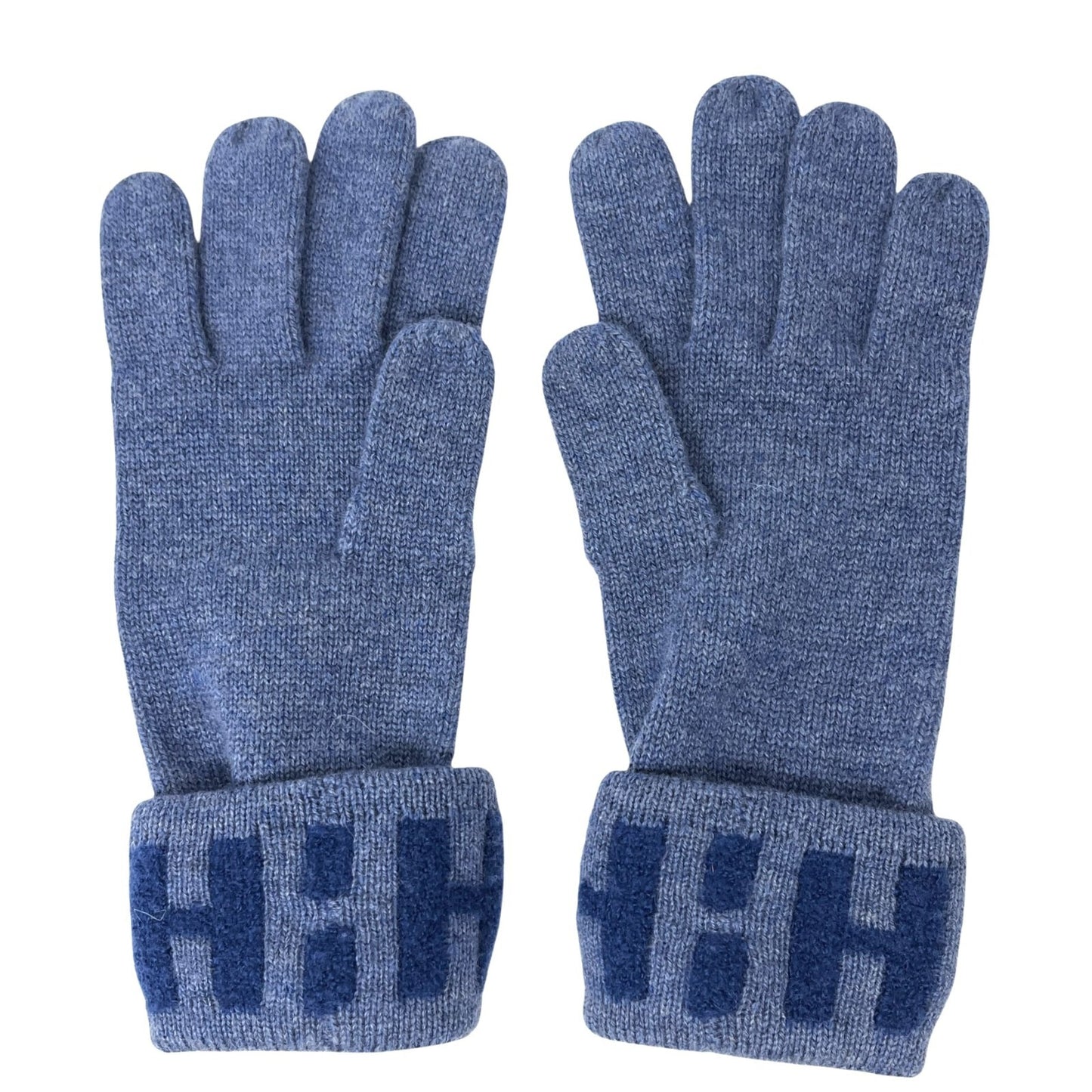HERMES Vintage H Logo Gloves #S Knit Fashion Winter Accessory Blue Cashmere