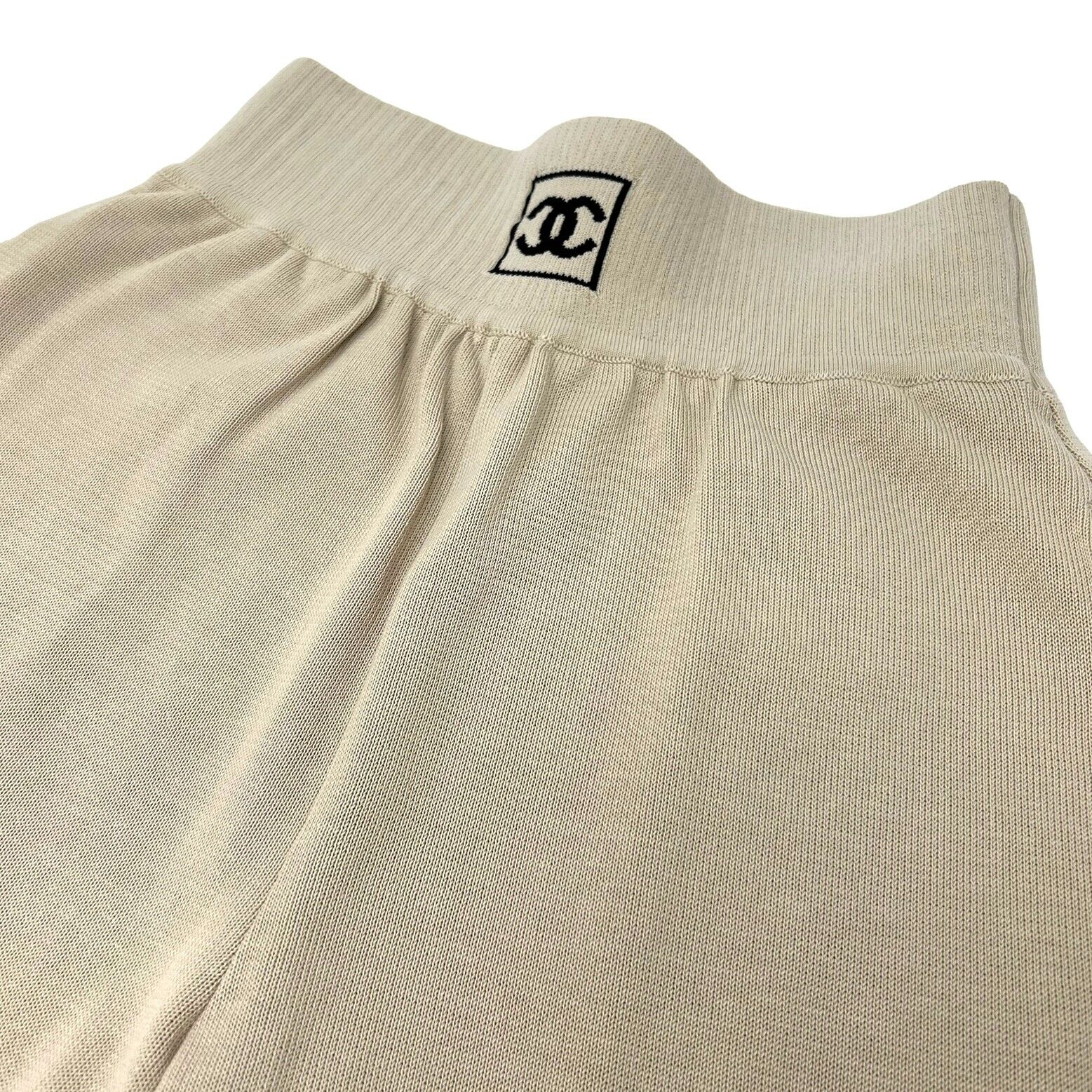 CHANEL Sport Vintage 03A Coco Mark Logo Pants #34 Beige Black Cotton Rank AB