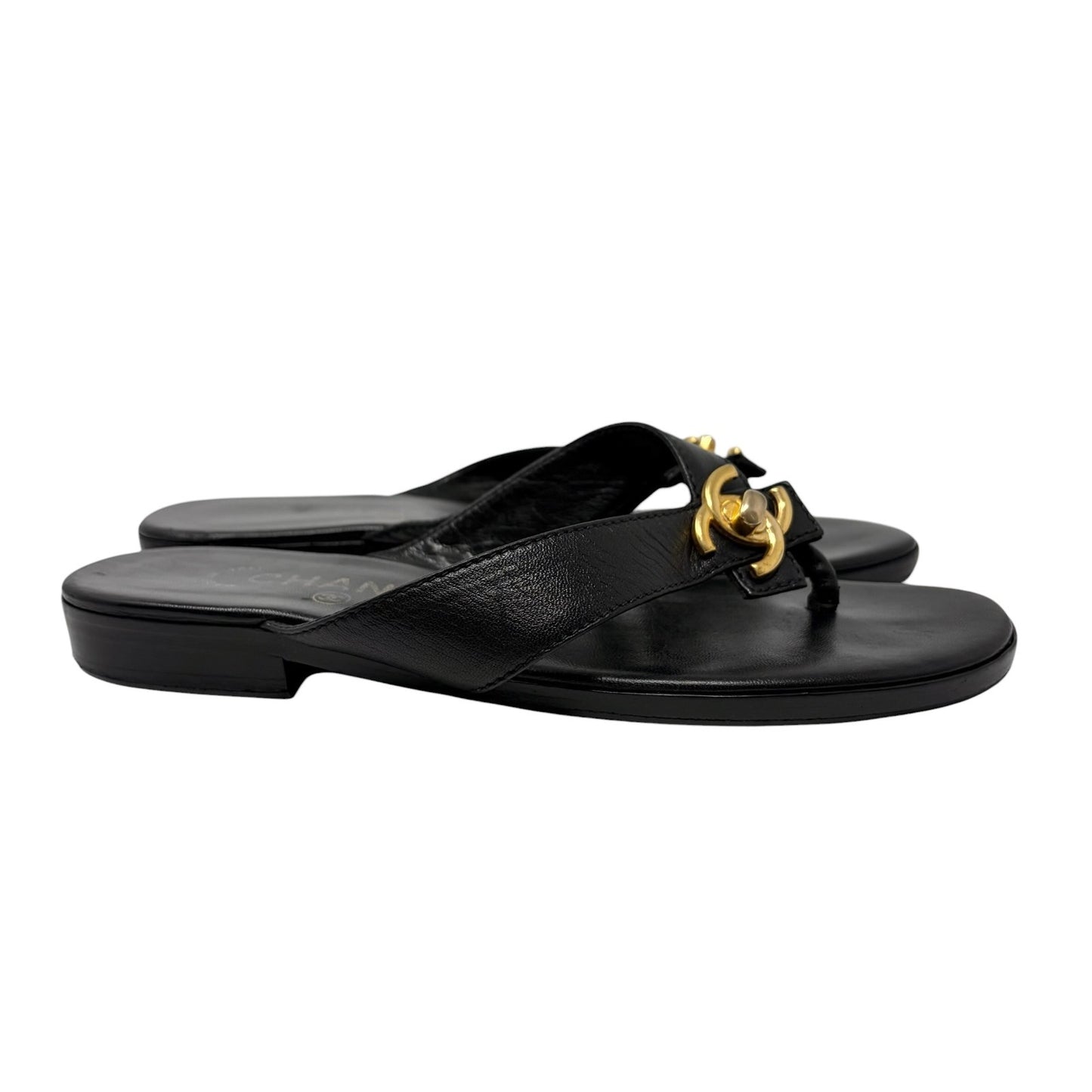 CHANEL Vintage Turnlock CC Logo Flat Thong Sandals #38 Black Leather 902405