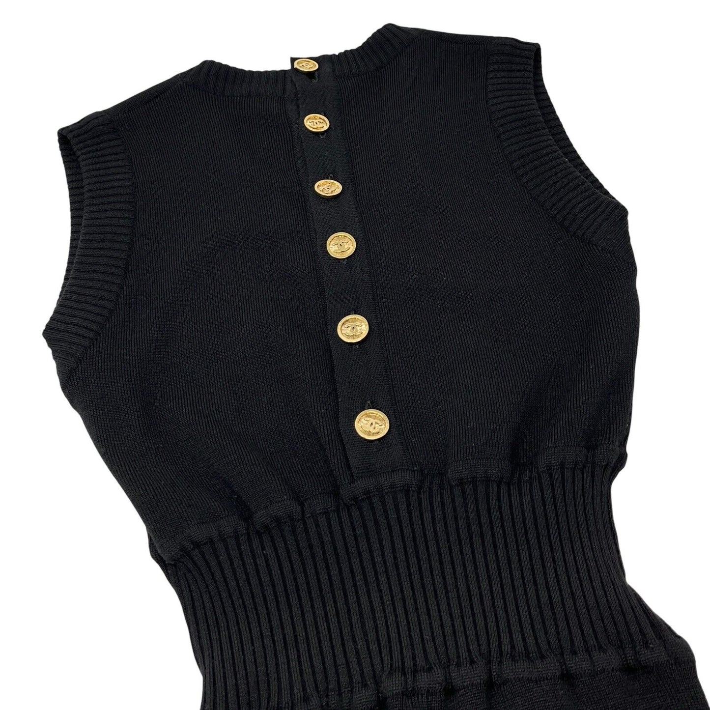 CHANEL Vintage CC Mark Logo Knit Jumpsuit Rompers Sleeveless Button Black Wool