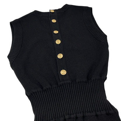 CHANEL Vintage CC Mark Logo Knit Jumpsuit Rompers Sleeveless Button Black Wool