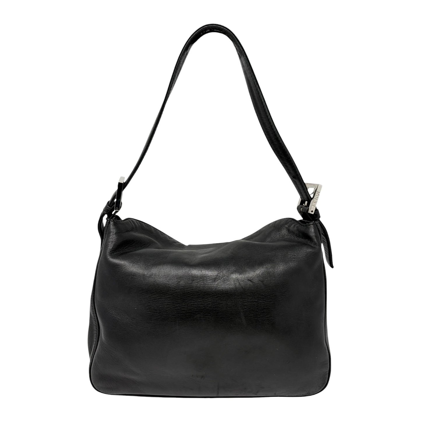 FENDI Vintage FF Logo Shoulder Bag Lambskin Black Silver Leather Metal