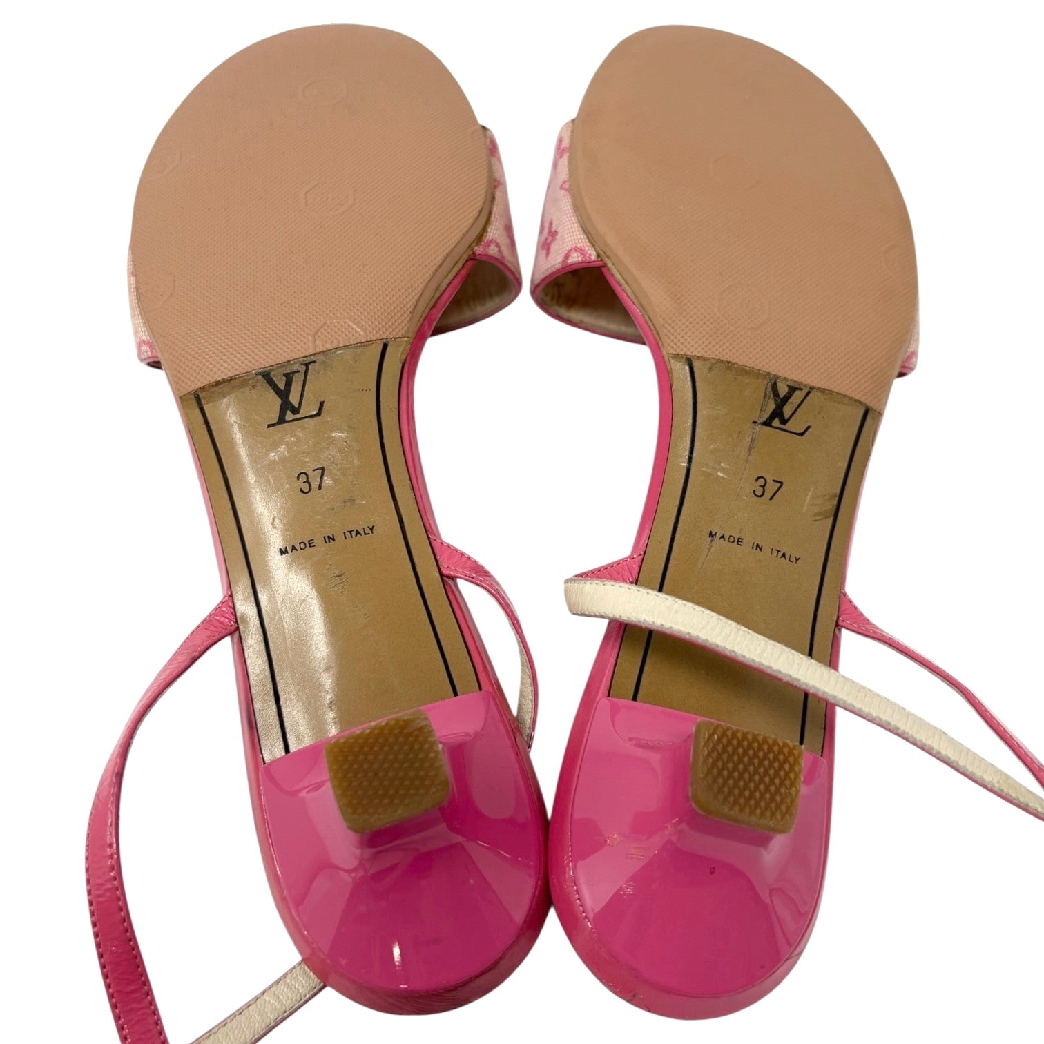 LOUIS VUITTON Vintage LV Logo Monogram Mule Sandals #37 Pink Gold Canvas