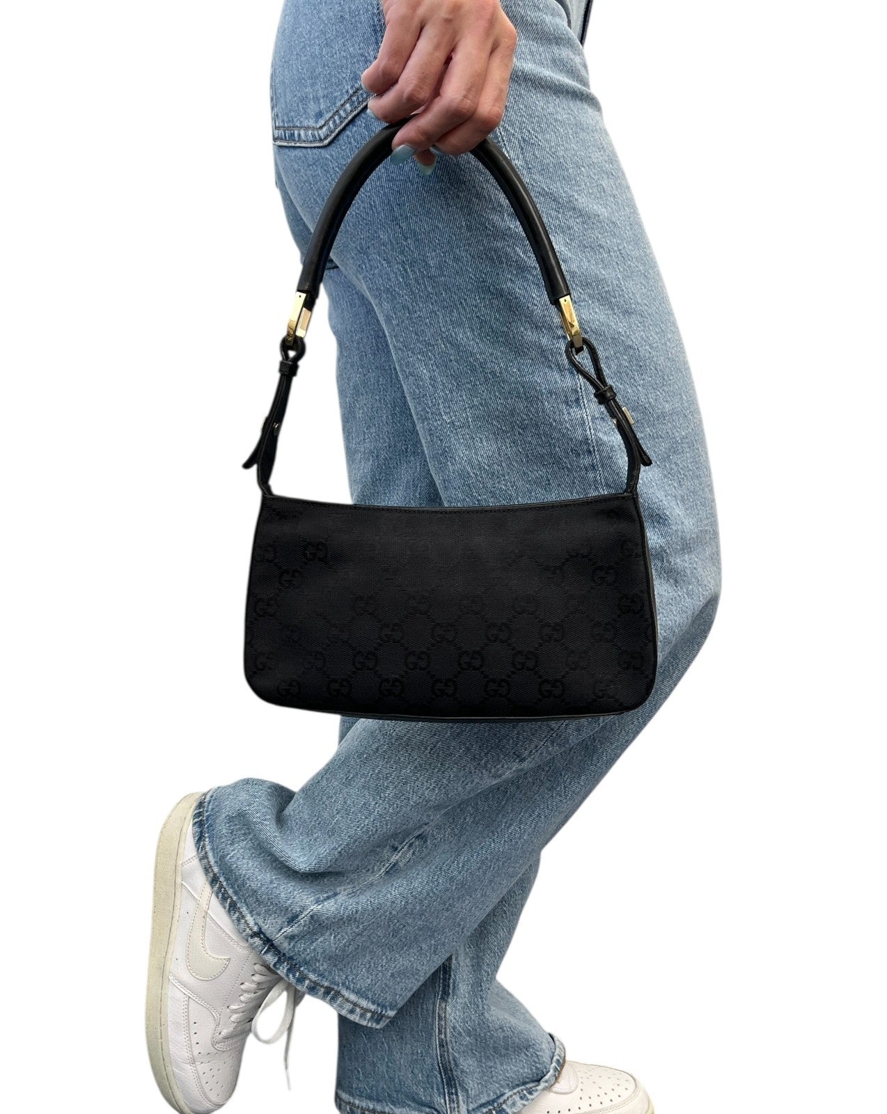 GUCCI Vintage GG Monogram Logo Canvas Pochette Mini Bag Dark Blue Gold Leather