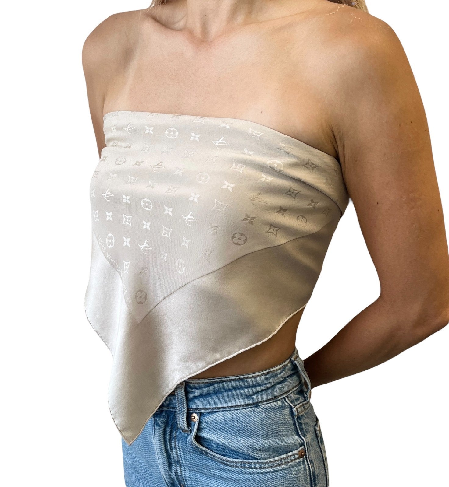 LOUIS VUITTON Vintage LV Monogram Logo Scarf Wrap Shawl Accessory Cream Silk