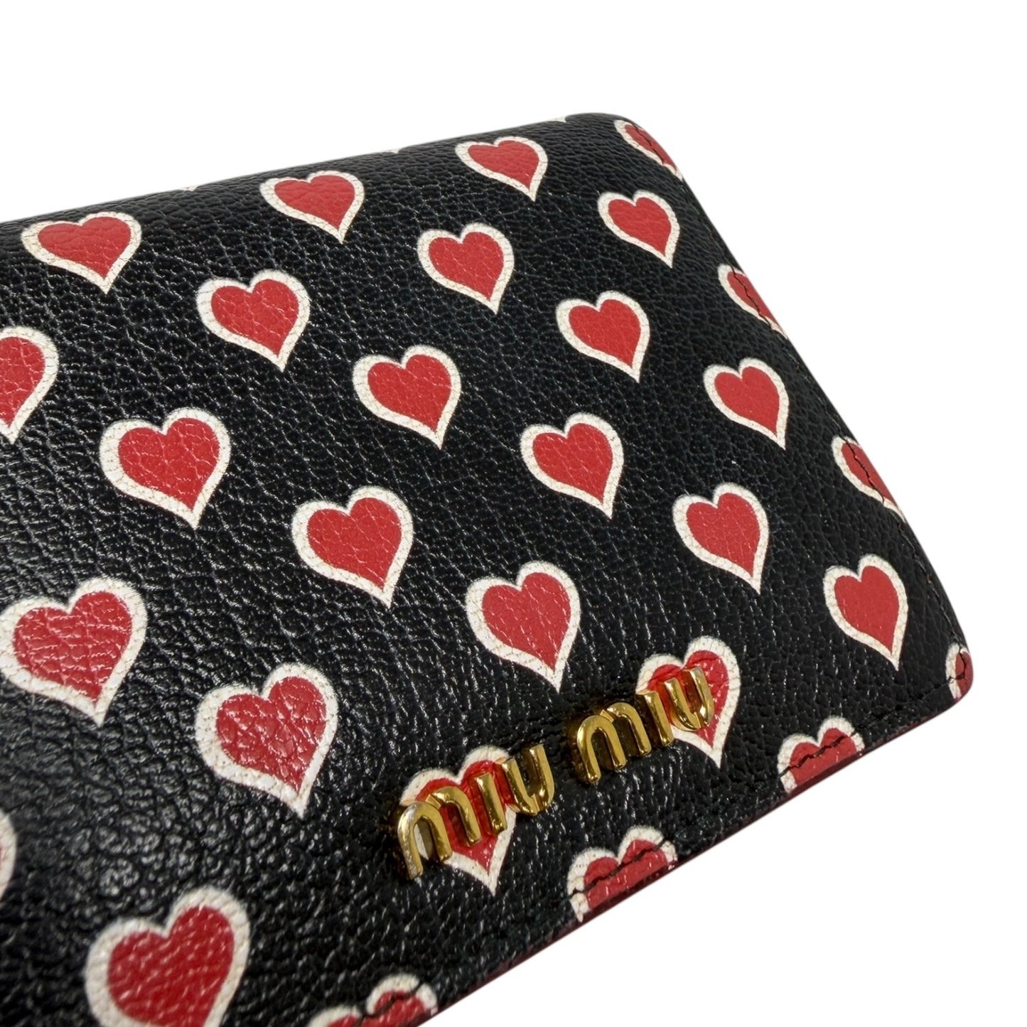 miumiu Vintage Logo Heart Print Mini Bifold Wallet Black Red Leather 901983