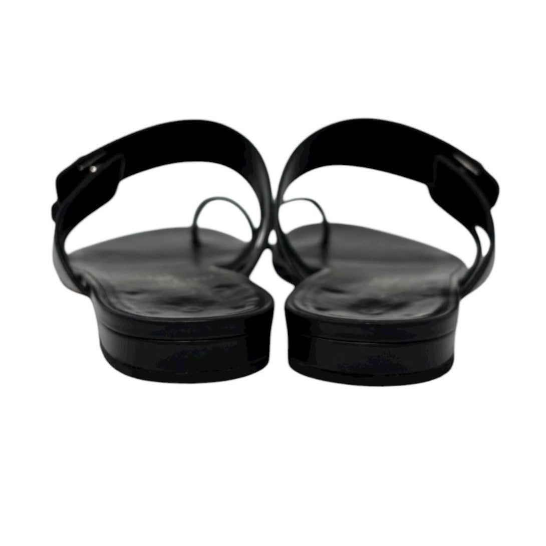 CHANEL Vintage CC Mark Logo Turnlock Flat Thong Sandals #37.5 Black Leather