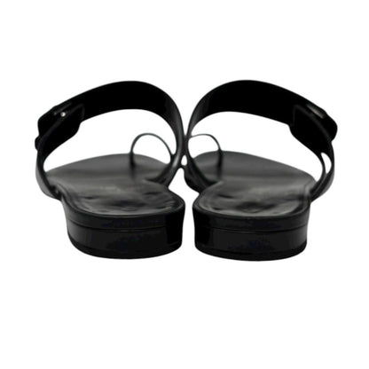 CHANEL Vintage CC Mark Logo Turnlock Flat Thong Sandals #37.5 Black Leather