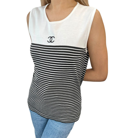 CHANEL Vintage CC Striped Sleeveless Tank Top #M White Black Cotton 902263
