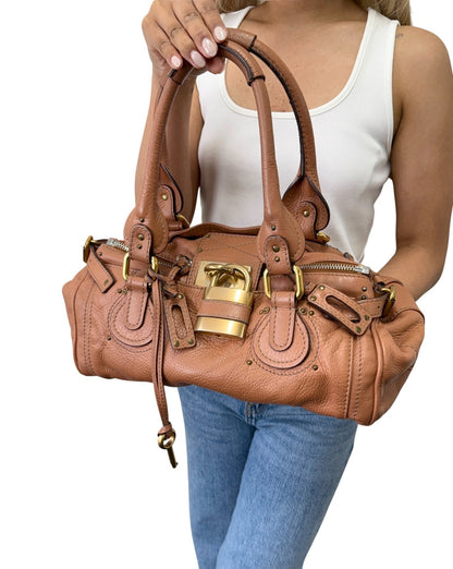 Chloe Vintage Paddington Padlock Key Boston Bag Leather Brown Gold 902318