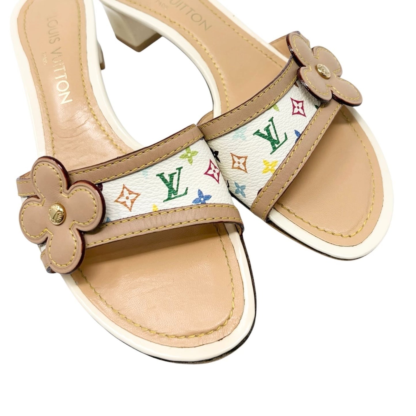 LOUIS VUITTON Vintage Monogram Multicolor Flower Sandals Heels #37.5 902031