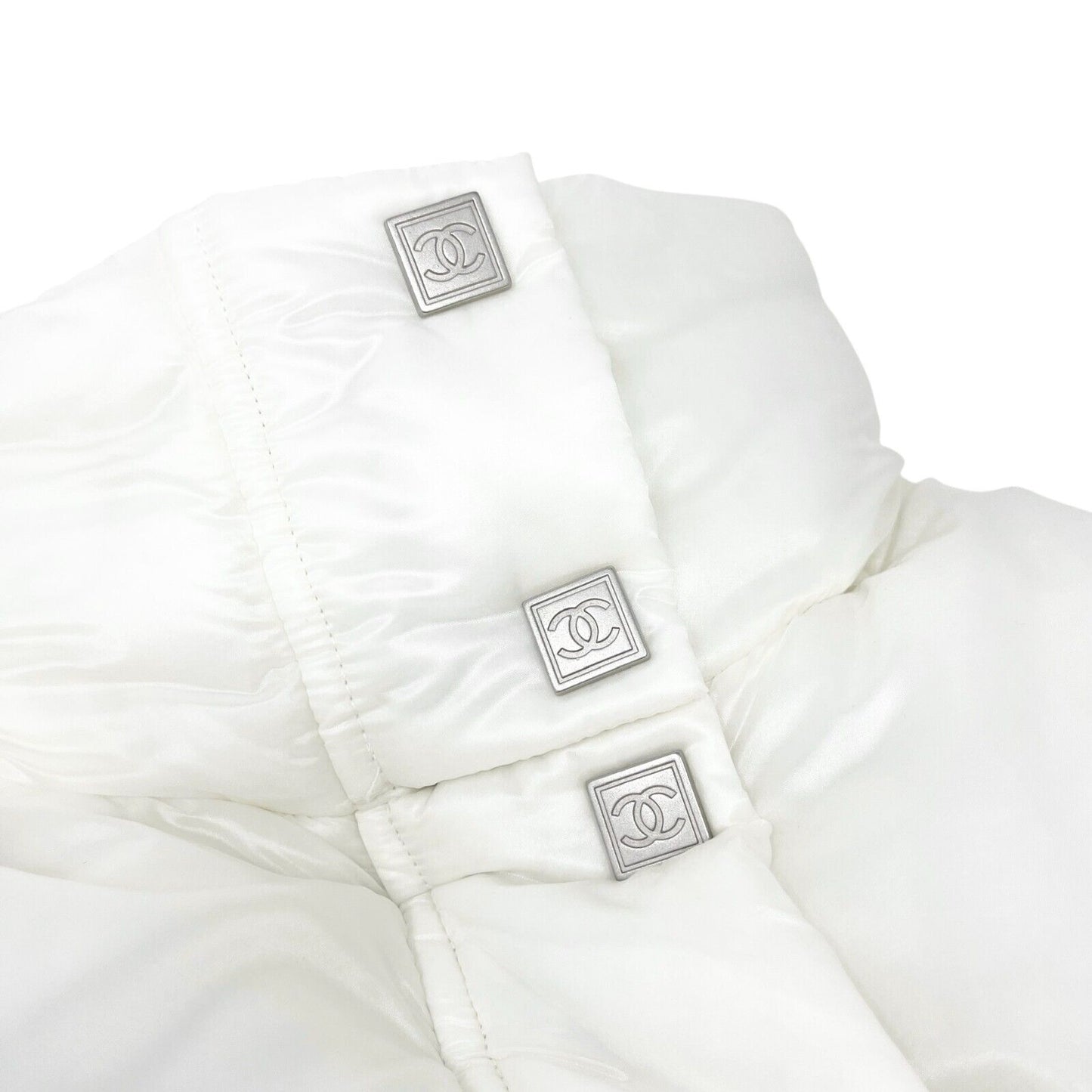 CHANEL Sport Vintage 03A CC Logo Puffer Jacket #38 Zip Button White Polyamide