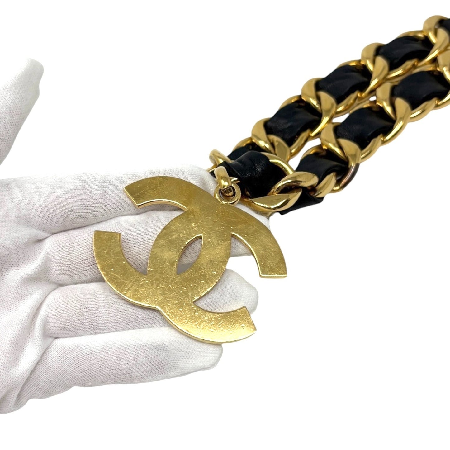 CHANEL Vintage CC Logo Chain Belt Accessory Gold Black Metal Leather 901898