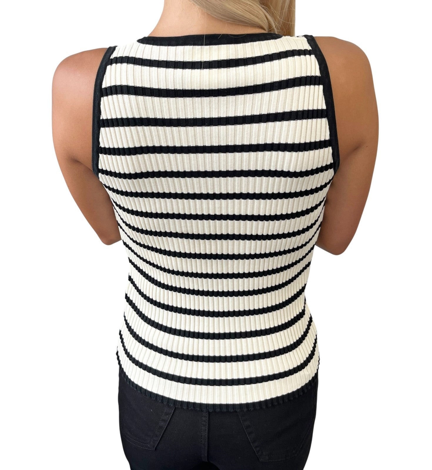 CHANEL Vintage 98P CC Mark Logo Striped Knit Tank Top #38 Cream Black Cotton