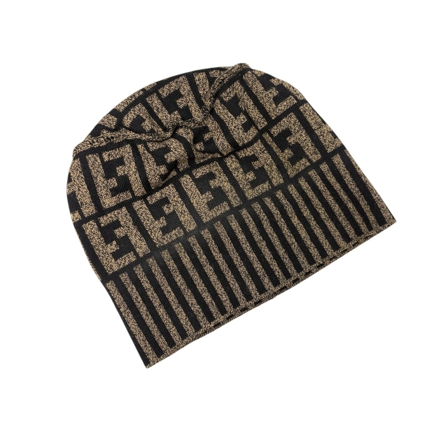 FENDI Vintage Zucca Knit Beanie Cap Stripe Brown Black FF Logo Monogram Wool