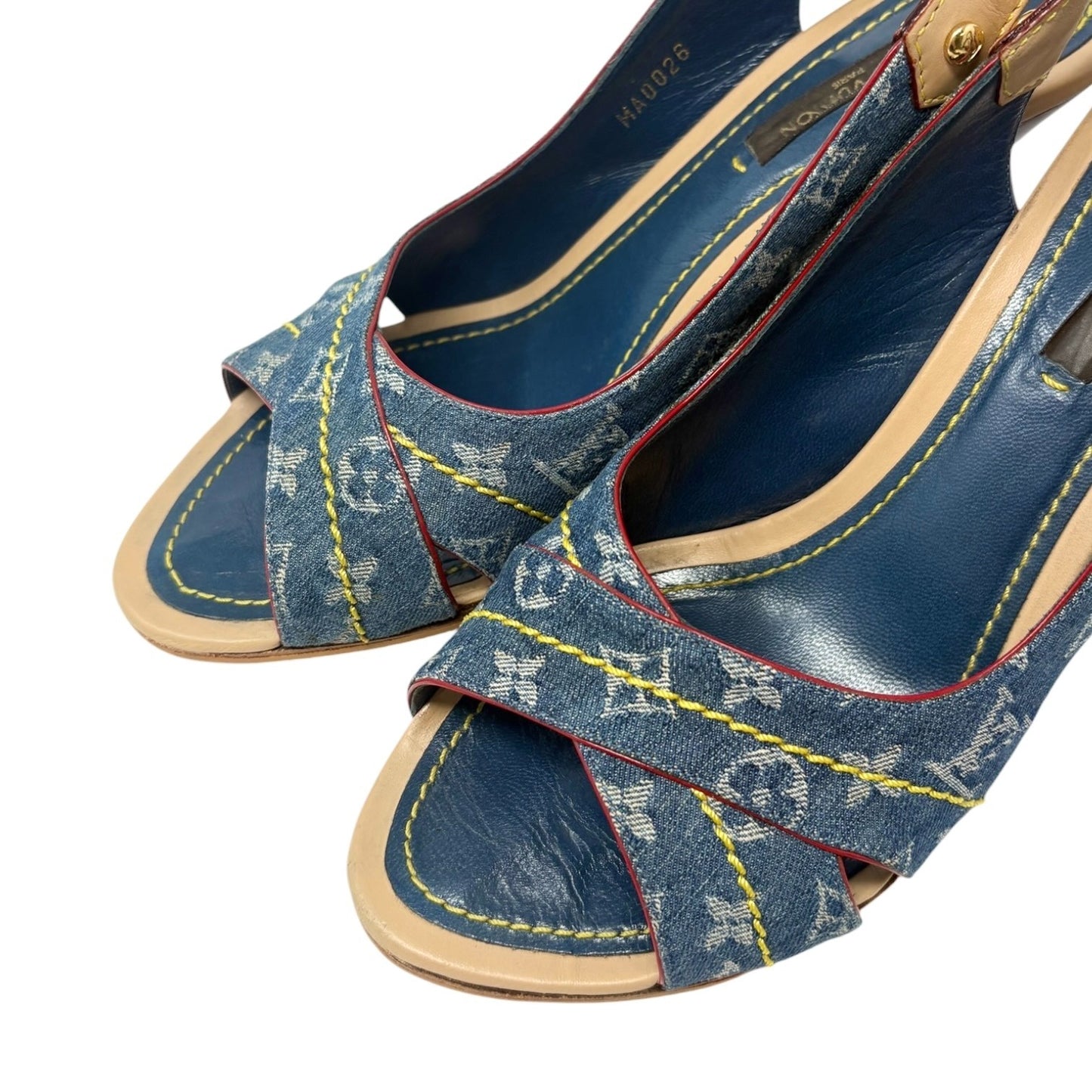 LOUIS VUITTON Vintage Monogram Denim Sandals Heels #36 Blue Beige Leather 901959