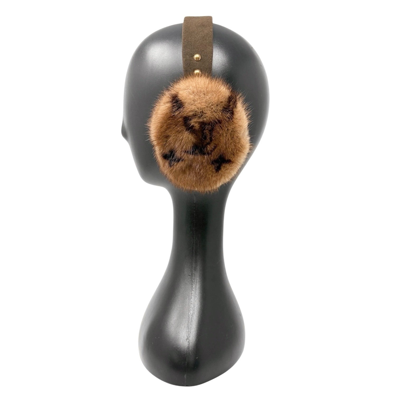 LOUIS VUITTON Vintage LV Monogram Mink Earmuffs Brown Gold Suede Accessory