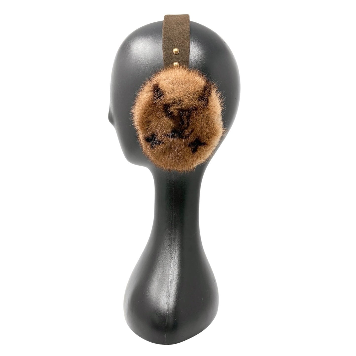 LOUIS VUITTON Vintage LV Monogram Mink Earmuffs Brown Gold Suede Accessory