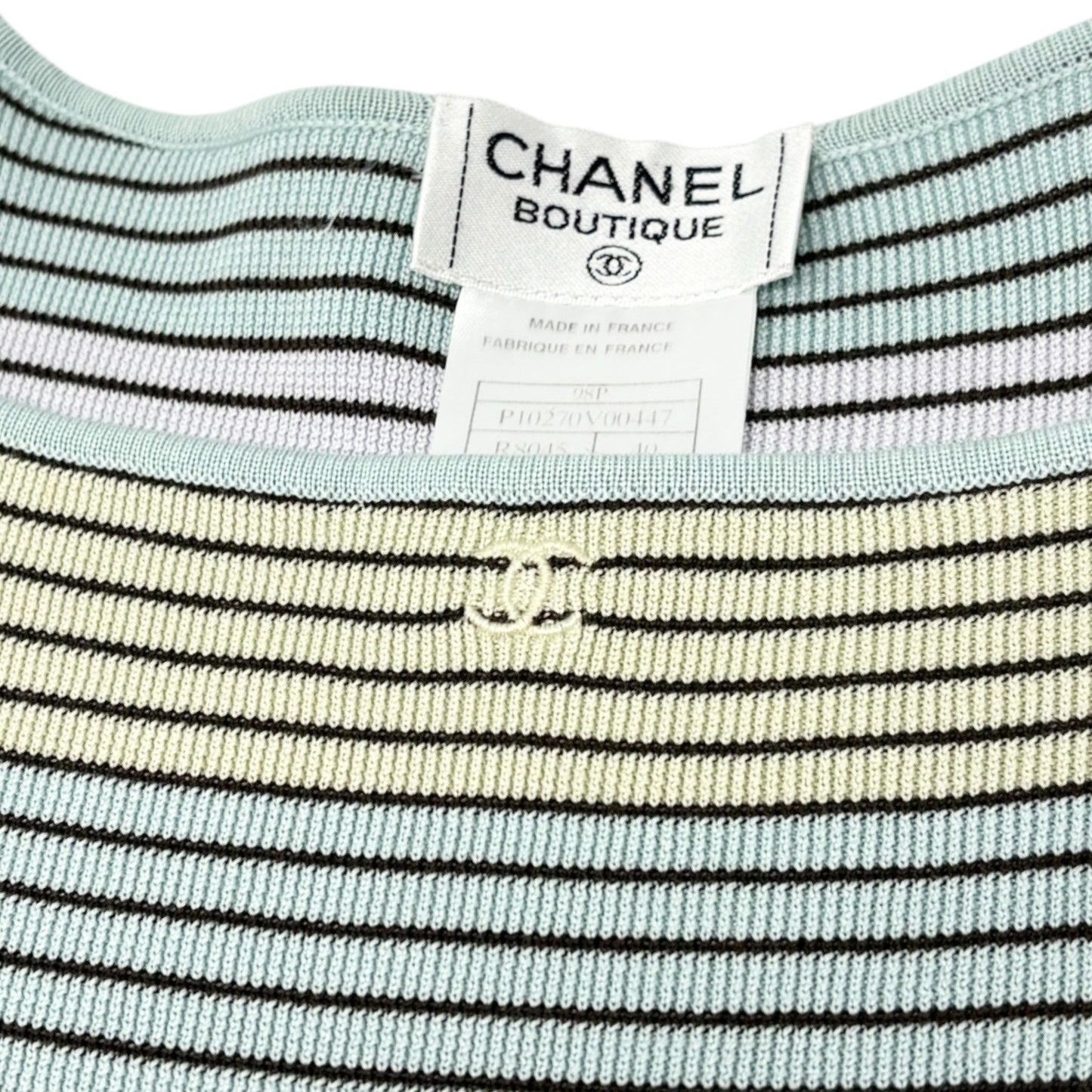 CHANEL Vintage 98P CC Logo Stripe Knit Shirt Top #40 Multicolor Cotton 902213
