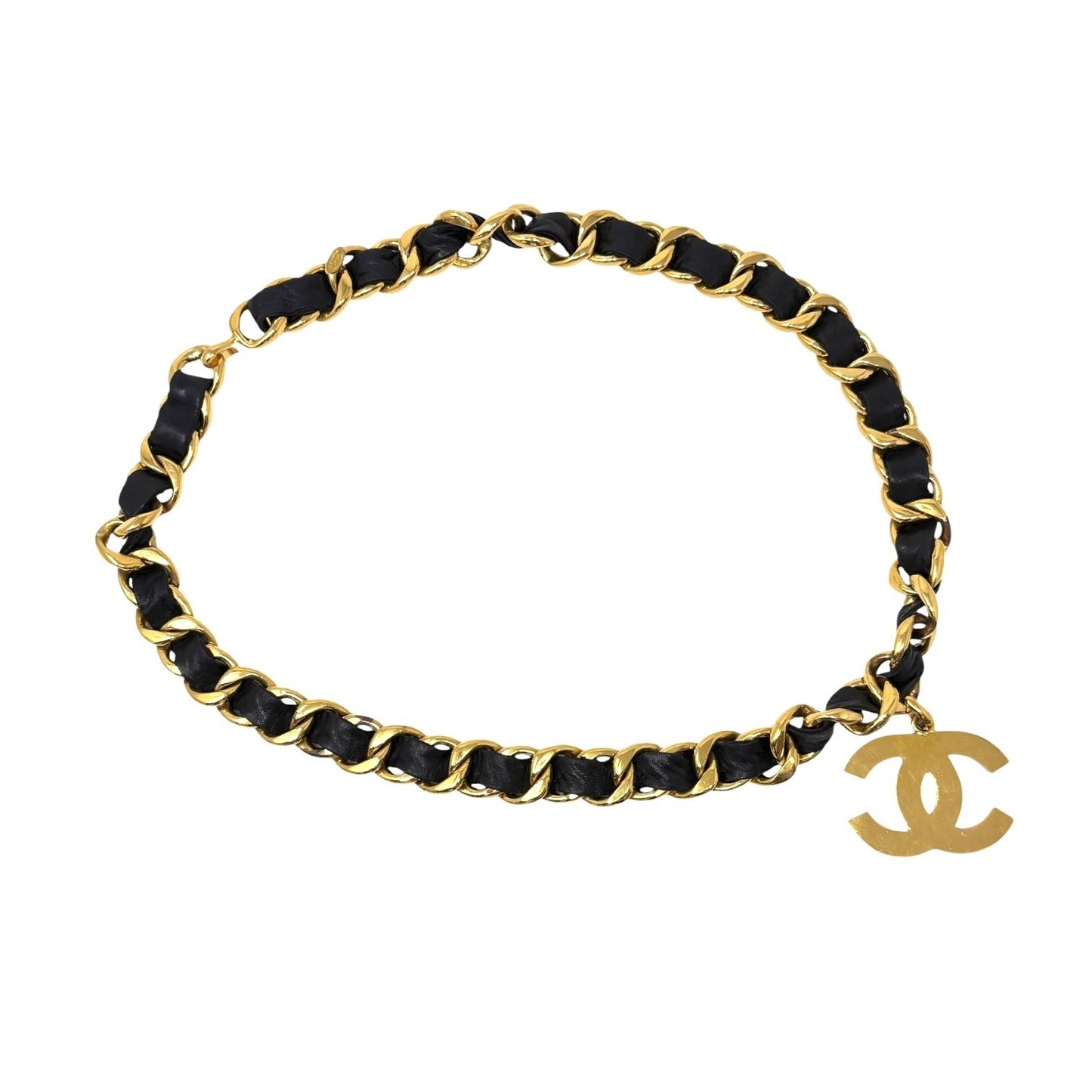 CHANEL Vintage CC Logo Chain Belt Accessory Gold Black Metal Leather 901898