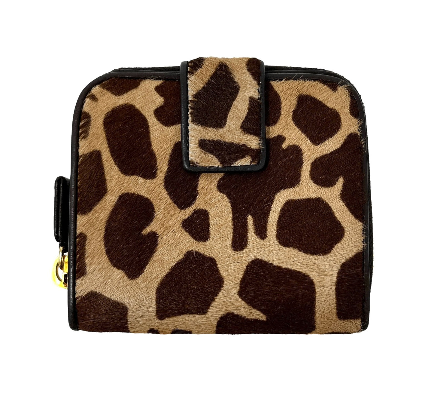 PRADA Vintage Logo Animal Print Wallet Calf Hair Zip Snap Brown Gold RankAB