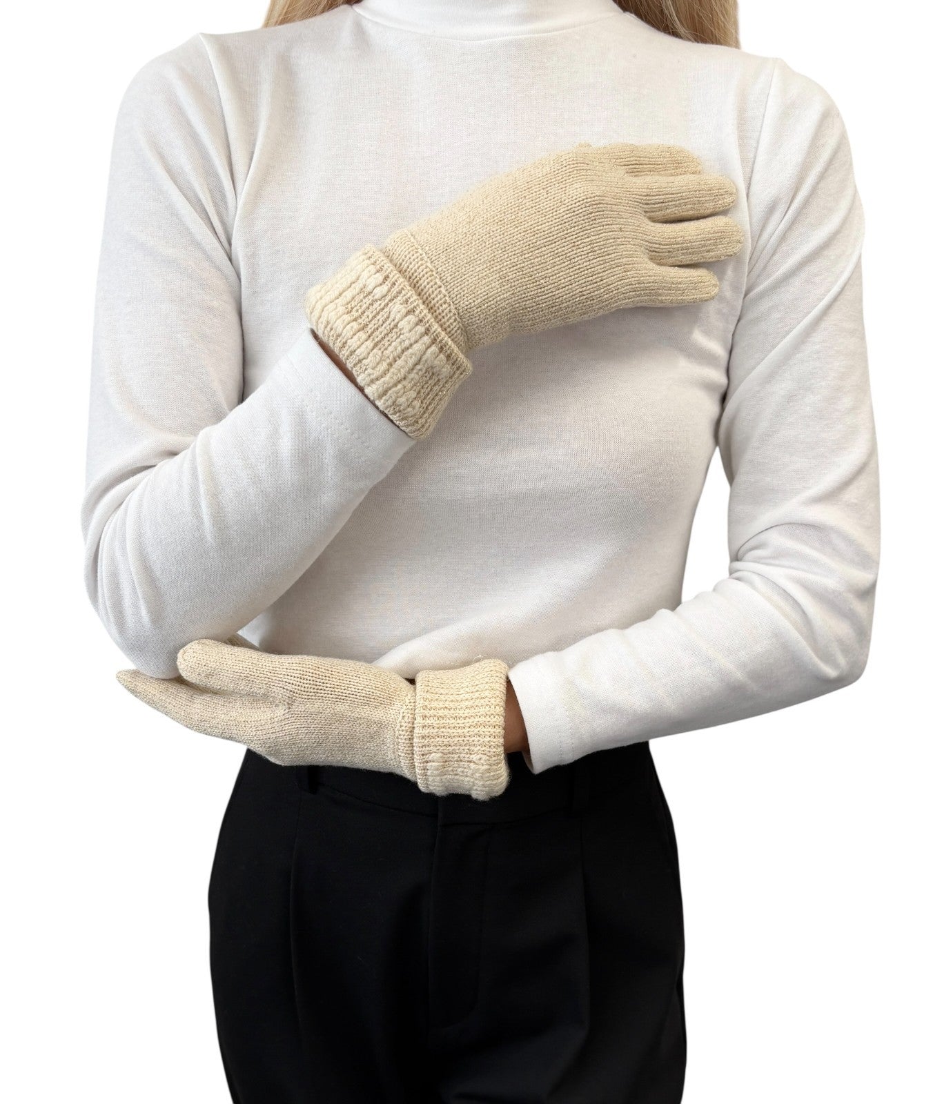 HERMES Vintage H Logo Embroidery Cashmere Ribbed Knit Gloves Glitter Beige Gold
