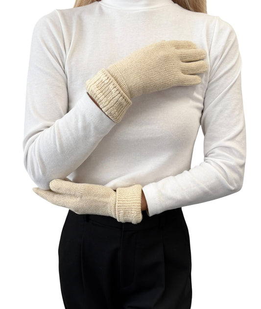 HERMES Vintage H Logo Embroidery Cashmere Ribbed Knit Gloves Glitter Beige Gold