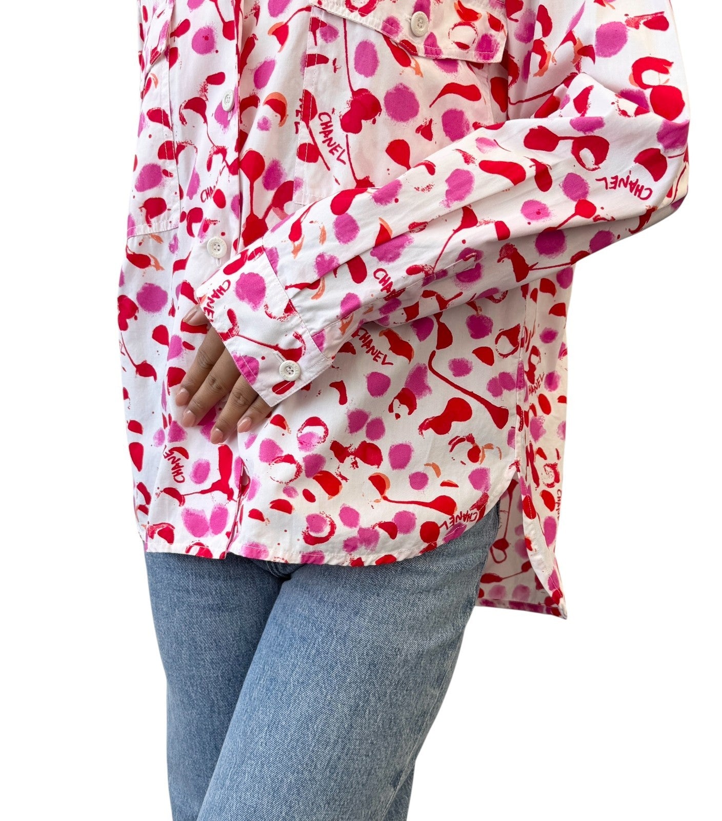 CHANEL Vintage PO6048 CC Logo Button Up Shirt Blouse Top #38 White Pink Cotton