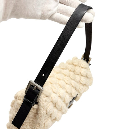 FENDI Vintage FF Logo Wool Knit Mamma Baguette Shoulder Bag Cream Brown 902054
