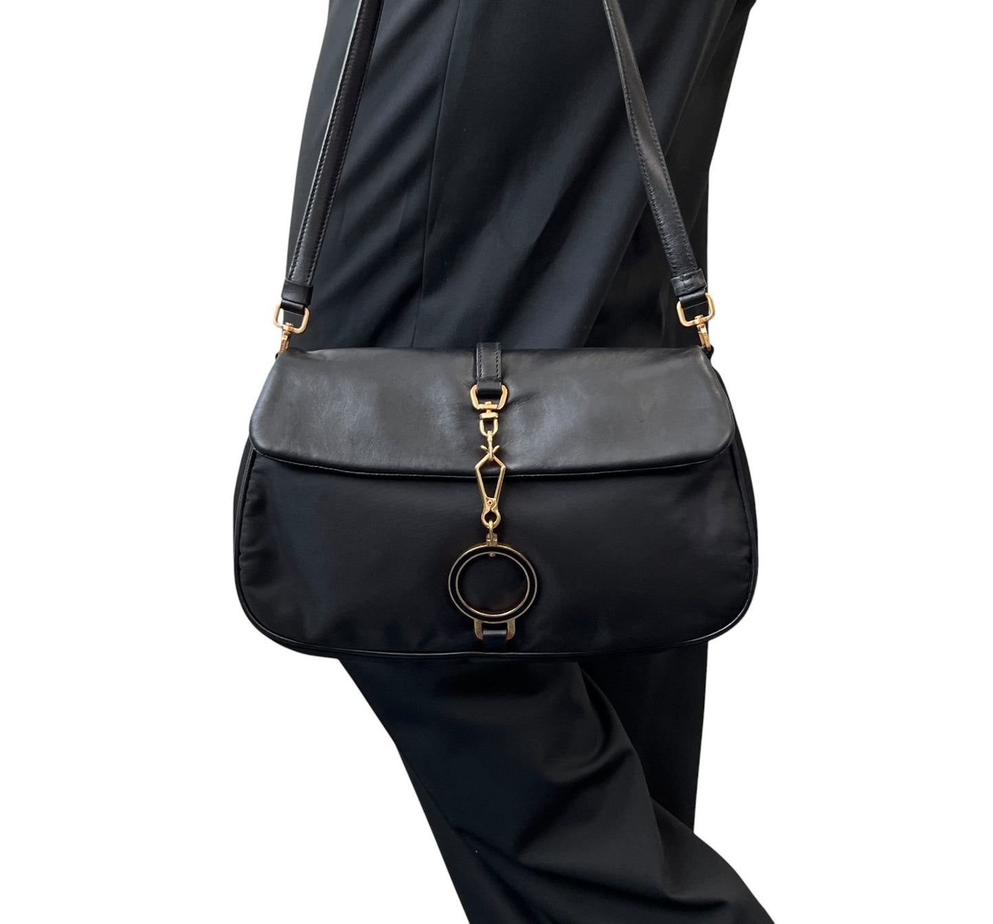 PRADA Vintage Triangle Logo Tessuto Nylon Shoulder Bag Black Leather 901925