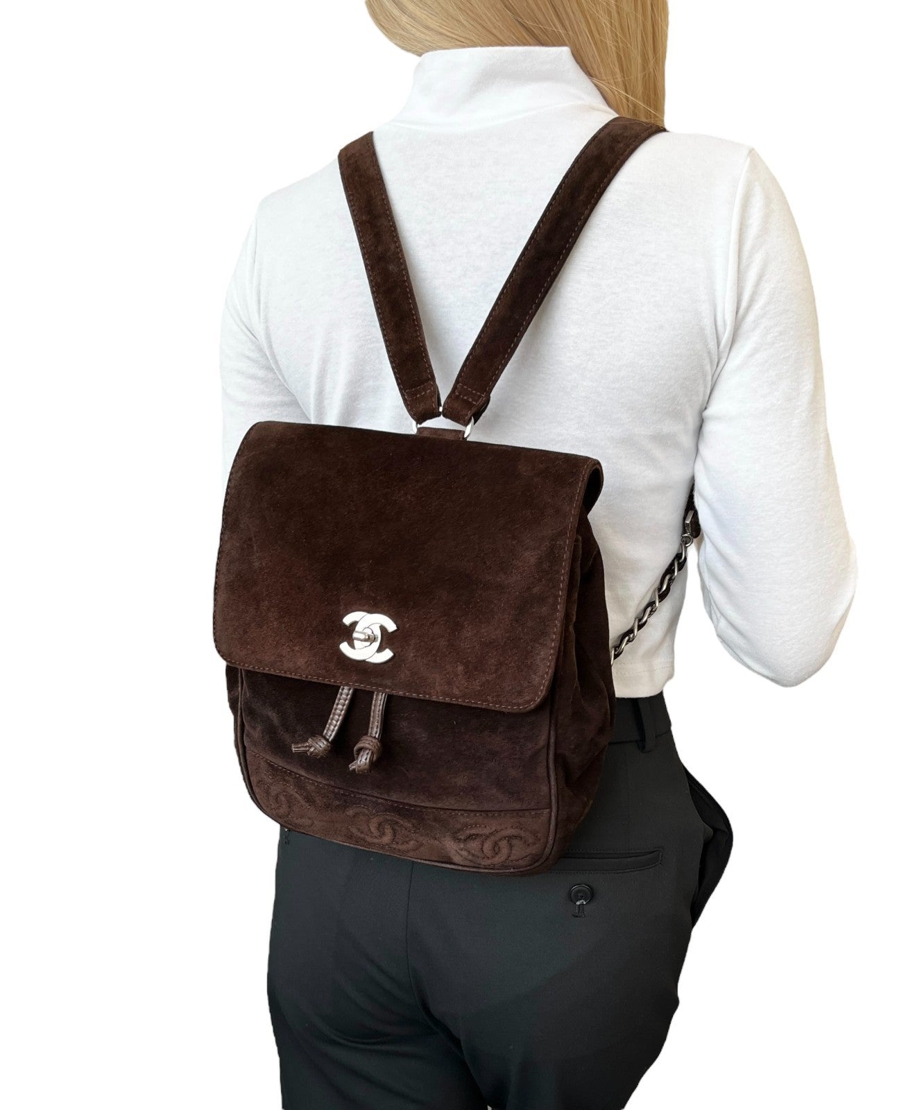 CHANEL Vintage CC Mark Logo Turn Lock Backpack Stitch Brown Silver Suede