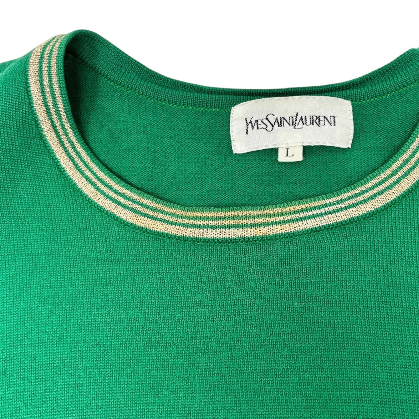 Yves Saint Laurent Vintage YSL Logo Knit Sweater Top #L Pullover Green Gold
