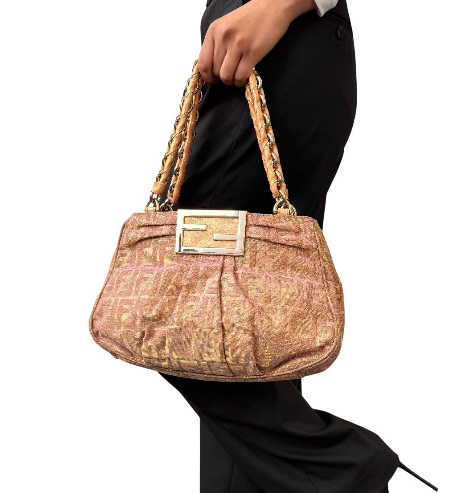 FENDI Vintage FF Logo Zucca Monogram Shoulder Bag Glitter Pink Beige Cotton